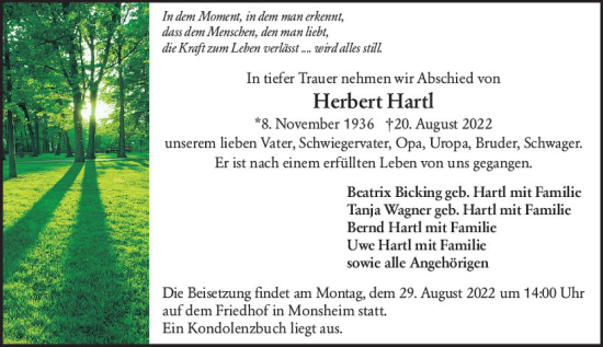 Traueranzeige von Herbert Hartl von vrm-trauer Wormser Zeitung