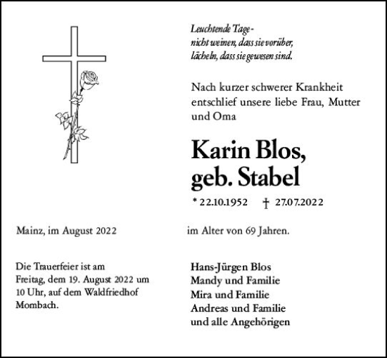 Traueranzeige von Karin Blos von vrm-trauer AZ Mainz