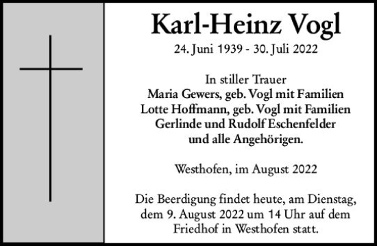 Traueranzeige von Karl-Heinz Vogl von vrm-trauer Wormser Zeitung