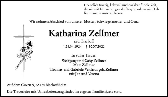 Traueranzeige von Katharina Zellmer von vrm-trauer Rüsselsheimer Echo / MainSpitze
