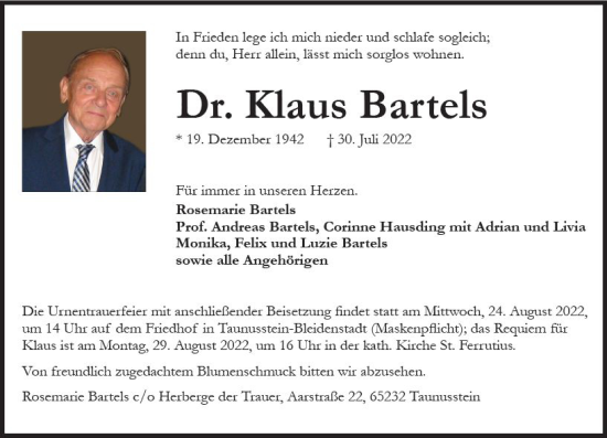 Traueranzeige von Klaus Bartels von vrm-trauer Wiesbadener Kurier