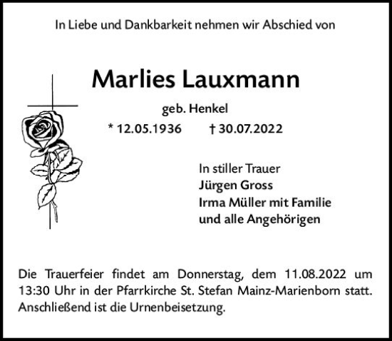 Traueranzeige von Markes Lauxmann von vrm-trauer AZ Mainz