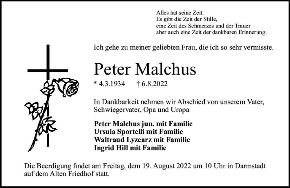  Traueranzeige für Peter Malchus vom 16.08.2022 aus vrm-trauer Darmstädter Echo