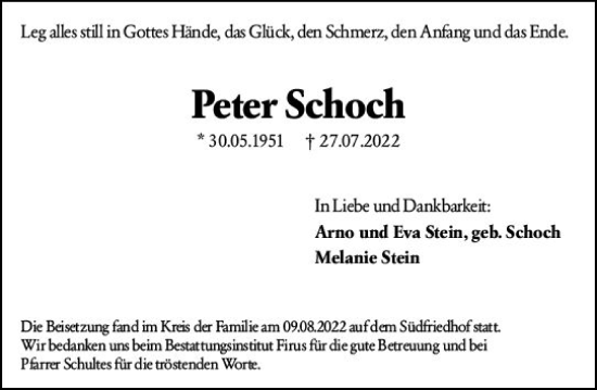 Traueranzeige von Peter Schoch von vrm-trauer Wiesbadener Kurier
