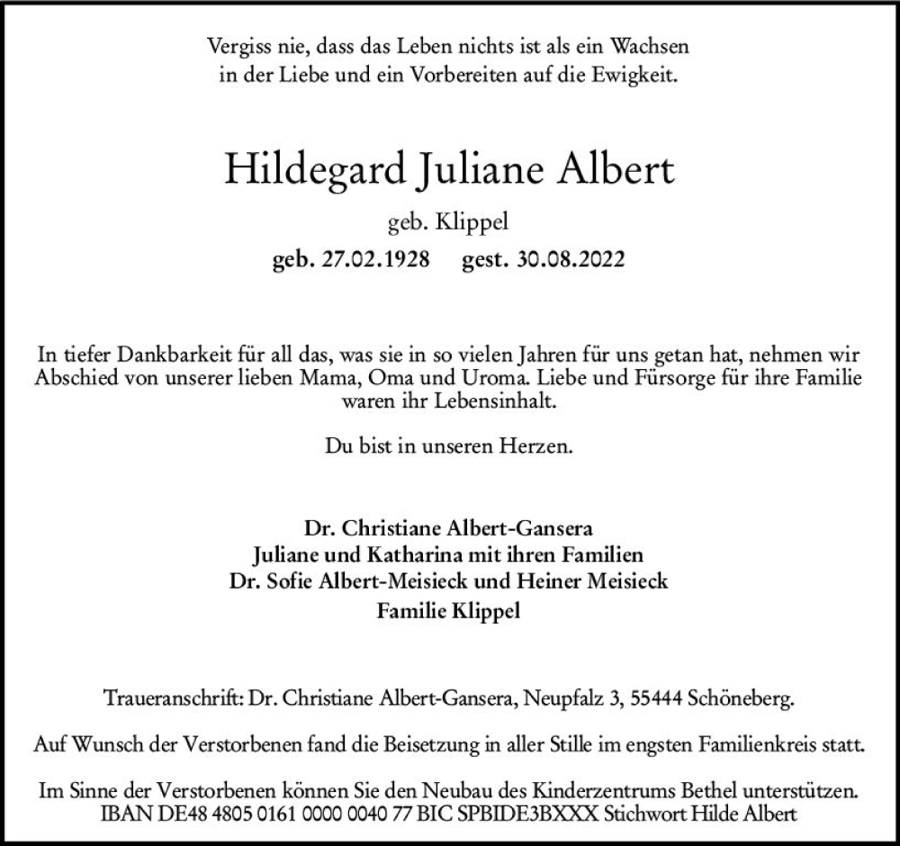 Traueranzeigen Von Hildegard Juliane Albert Vrm Trauerde