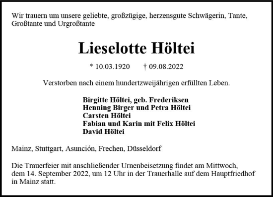 Traueranzeige von Lieselotte Höltei von vrm-trauer AZ Mainz
