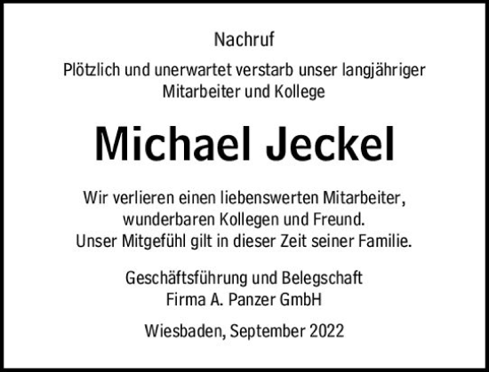 Traueranzeige von Michael Jecke von vrm-trauer Wiesbadener Kurier