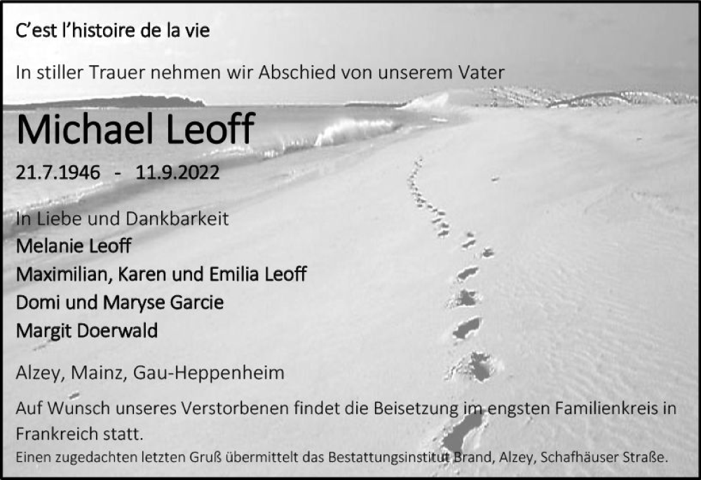  Traueranzeige für Michael Leoff vom 14.09.2022 aus vrm-trauer Allgemeine Zeitung Alzey