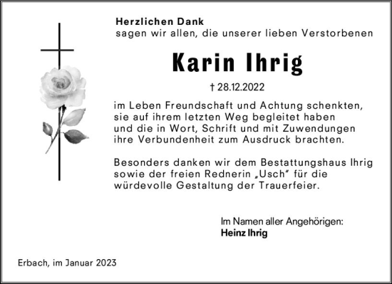 Traueranzeige von Karin Ihrig von Odenwälder Echo