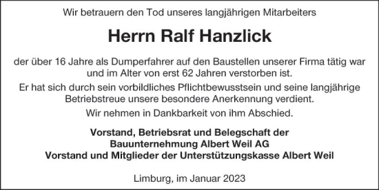 Traueranzeige von Ralf Hanzlick von Nassauische Neue Presse