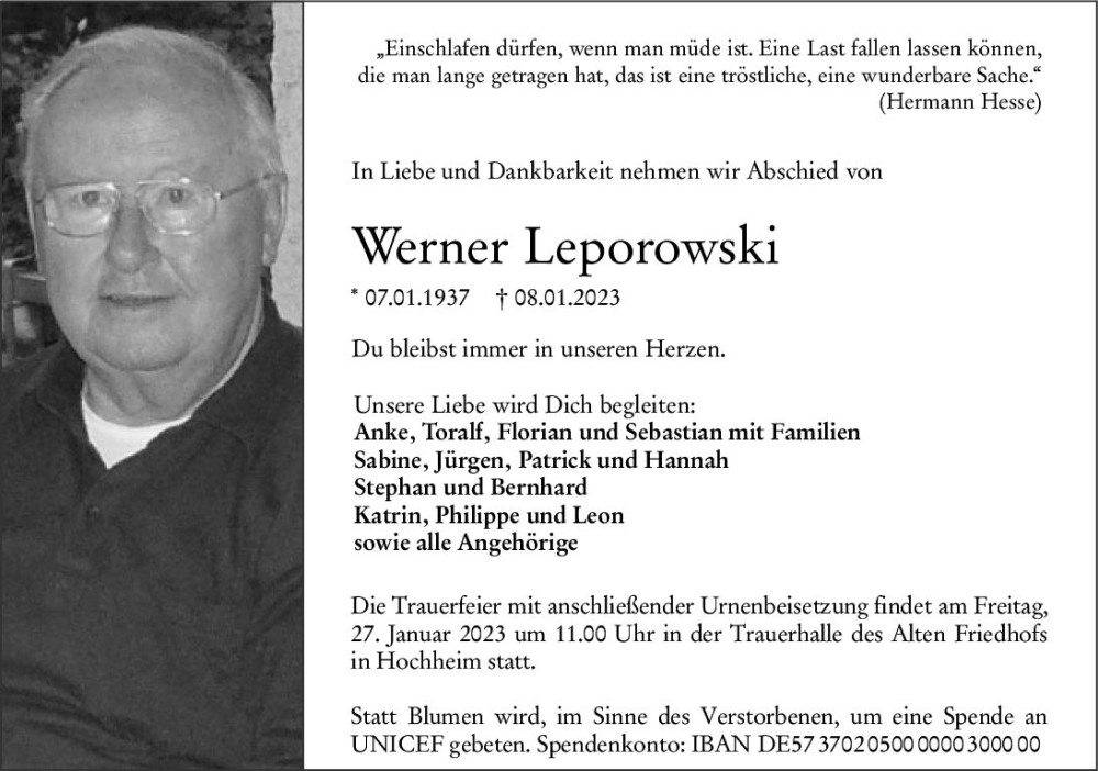  Traueranzeige für Werner Leporowski vom 20.01.2023 aus Hochheimer Zeitung