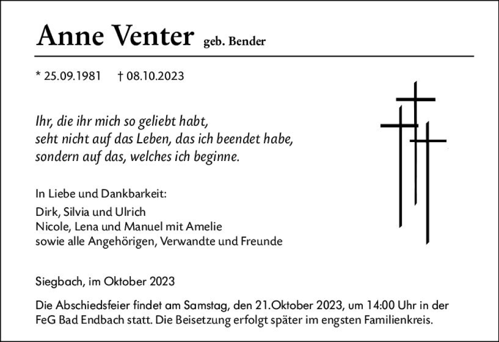  Traueranzeige für Anne Venter vom 19.10.2023 aus Hinterländer Anzeiger