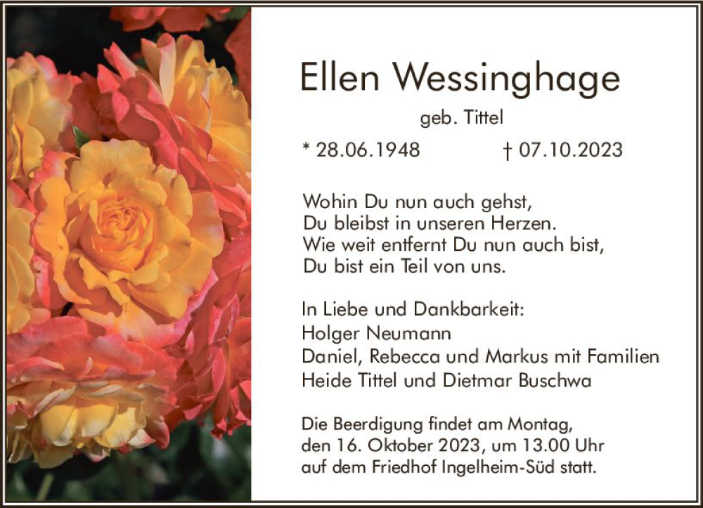  Traueranzeige für Ellen Wessinghage vom 13.10.2023 aus Allgemeine Zeitung Bingen/Ingelheim