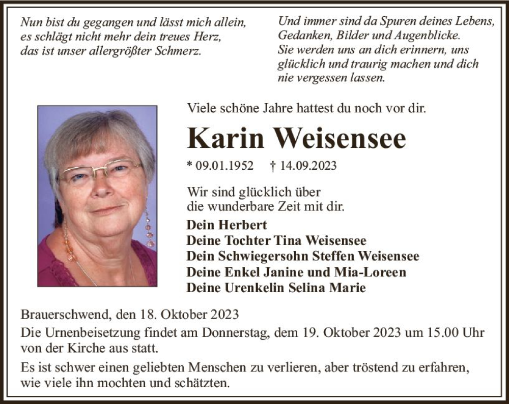 Traueranzeigen Von Karin Weisensee Vrm Trauerde 6165