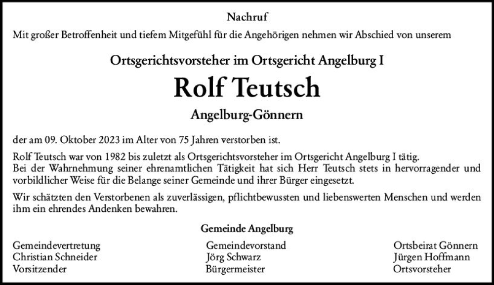 Traueranzeigen Von Rolf Teutsch | Www.vrm-trauer.de