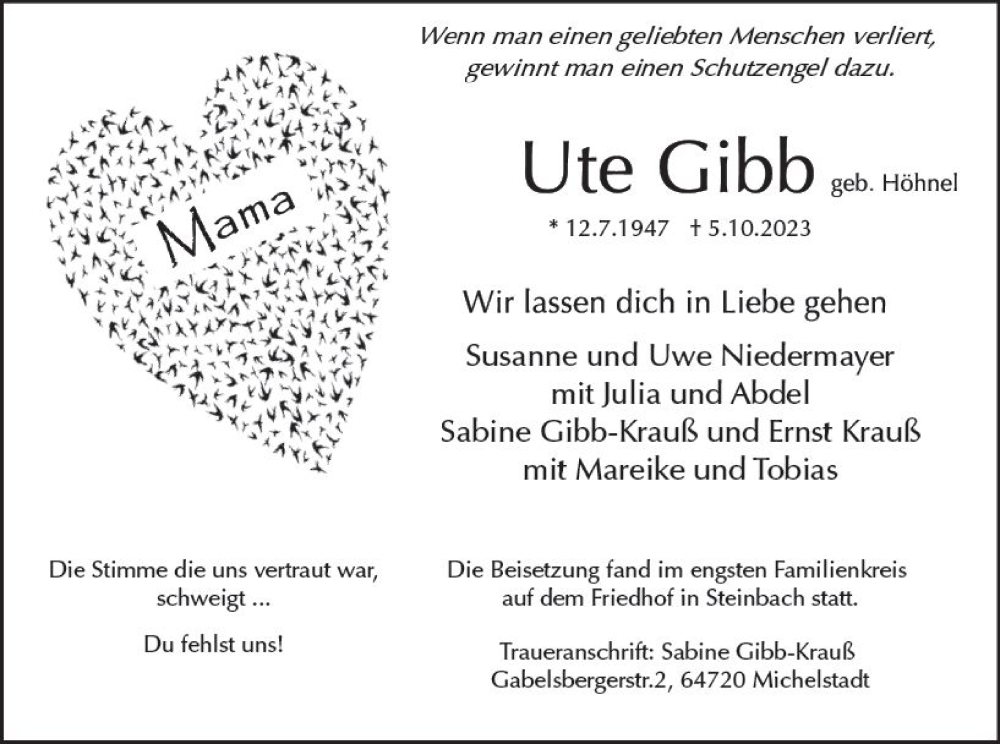  Traueranzeige für Ute Gibb vom 21.10.2023 aus Odenwälder Echo