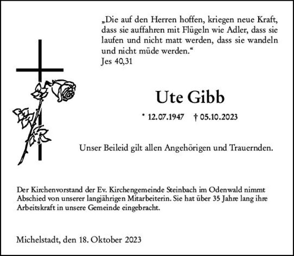  Traueranzeige für Ute Gibb vom 21.10.2023 aus Odenwälder Echo