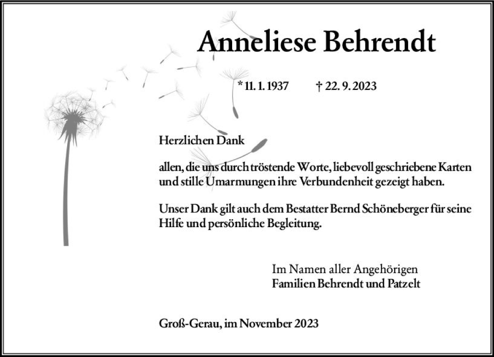  Traueranzeige für Anneliese Behrendt vom 04.11.2023 aus Groß-Gerauer Echo