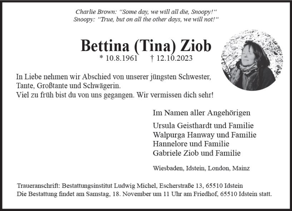  Traueranzeige für Bettina Ziob vom 04.11.2023 aus Wiesbadener Kurier