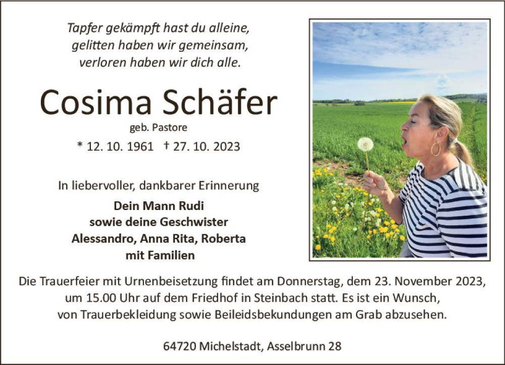  Traueranzeige für Cosima Schäfer vom 04.11.2023 aus Odenwälder Echo