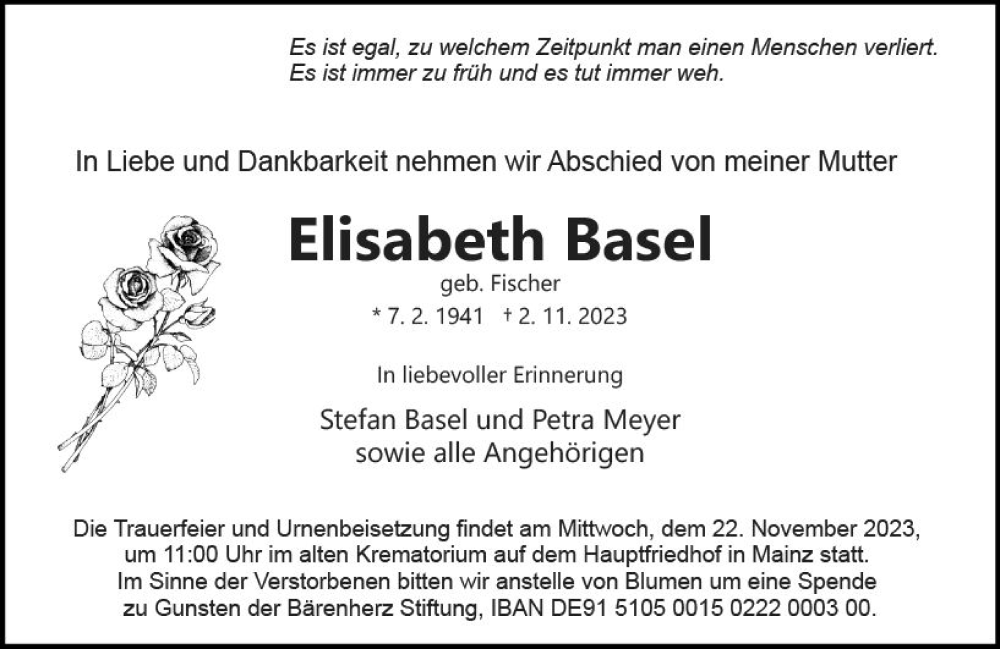 Traueranzeigen Von Elisabeth Basel | Www.vrm-trauer.de