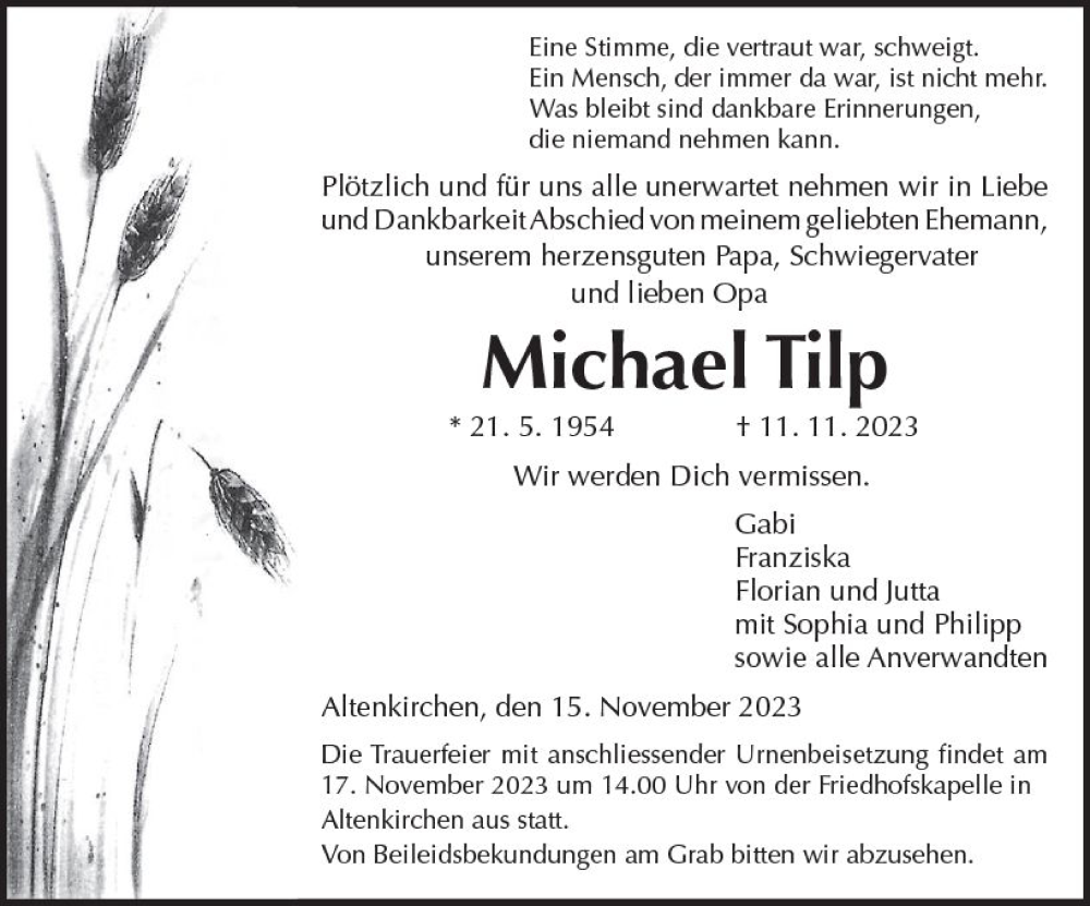  Traueranzeige für Michael Tilp vom 15.11.2023 aus Dill Block