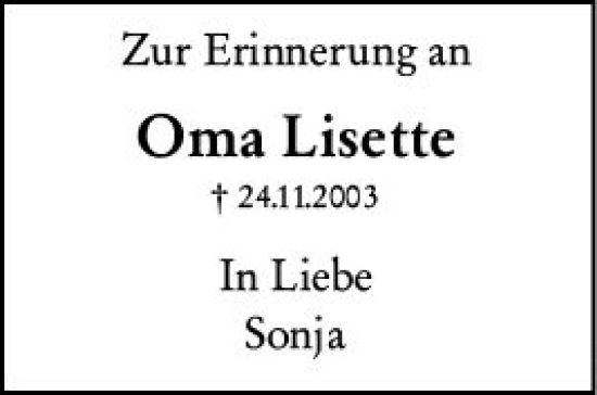 Traueranzeige von Oma Lisette von Odenwälder Echo