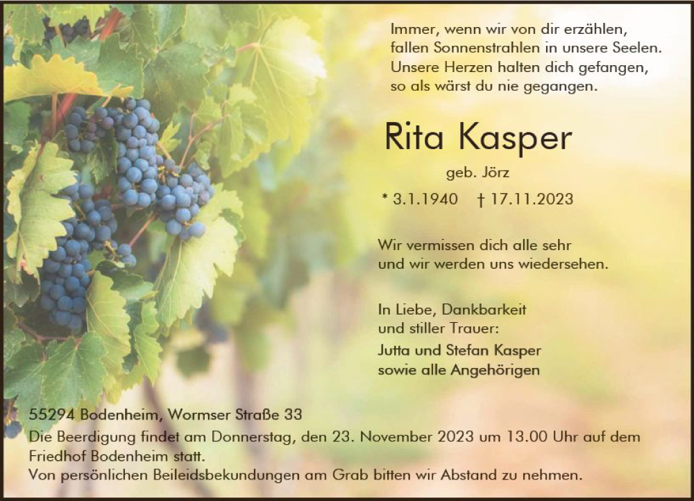 Traueranzeigen Von Rita Kasper Vrm Trauerde 9376