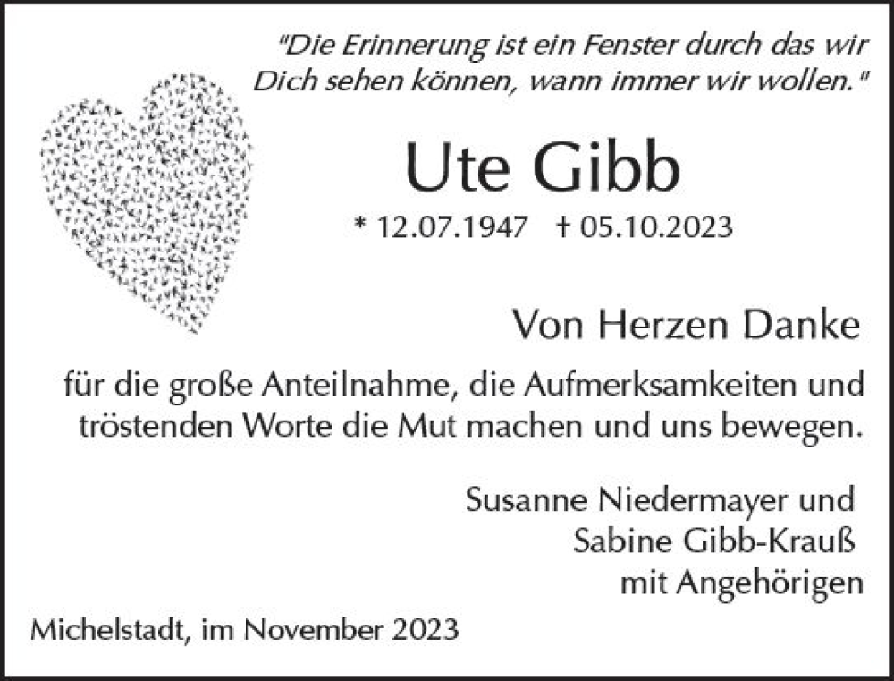  Traueranzeige für Ute Gibb vom 11.11.2023 aus Odenwälder Echo