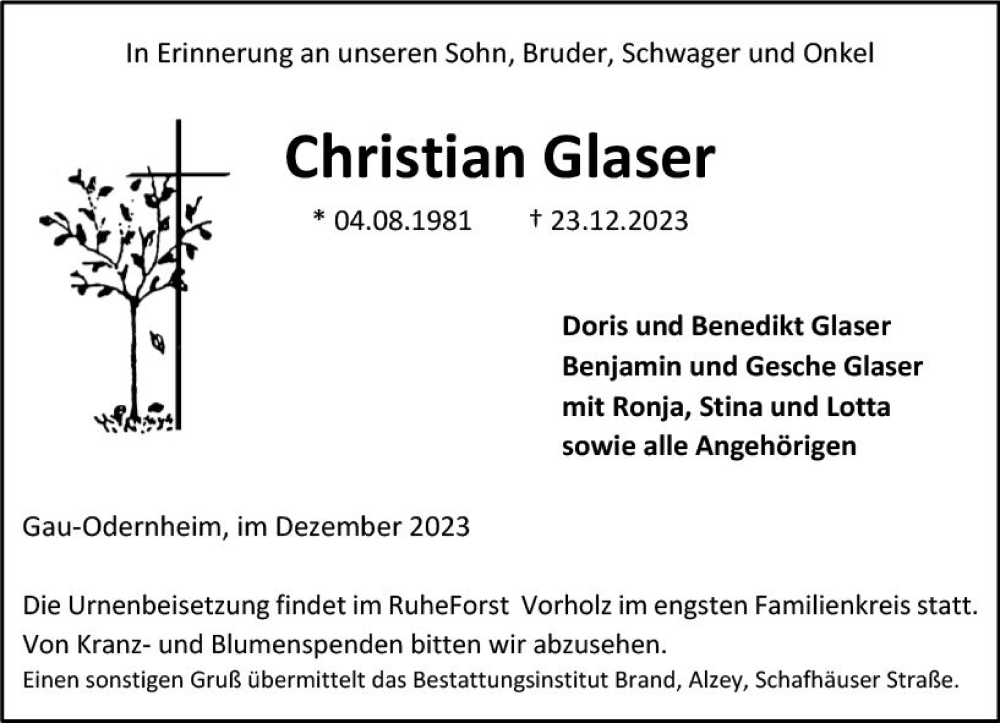  Traueranzeige für Christian Glaser vom 30.12.2023 aus Allgemeine Zeitung Alzey