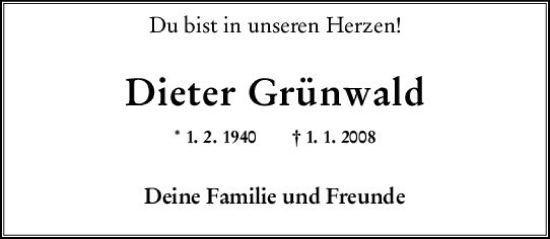 Traueranzeige von Dieter Grünwald von Allgemeine Zeitung Mainz