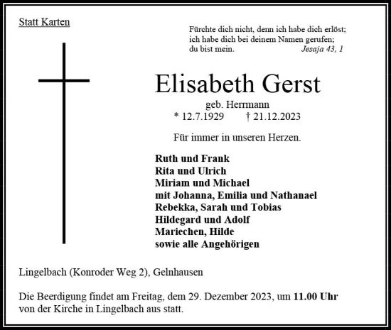 Traueranzeigen Von Elisabeth Gerst | Www.vrm-trauer.de