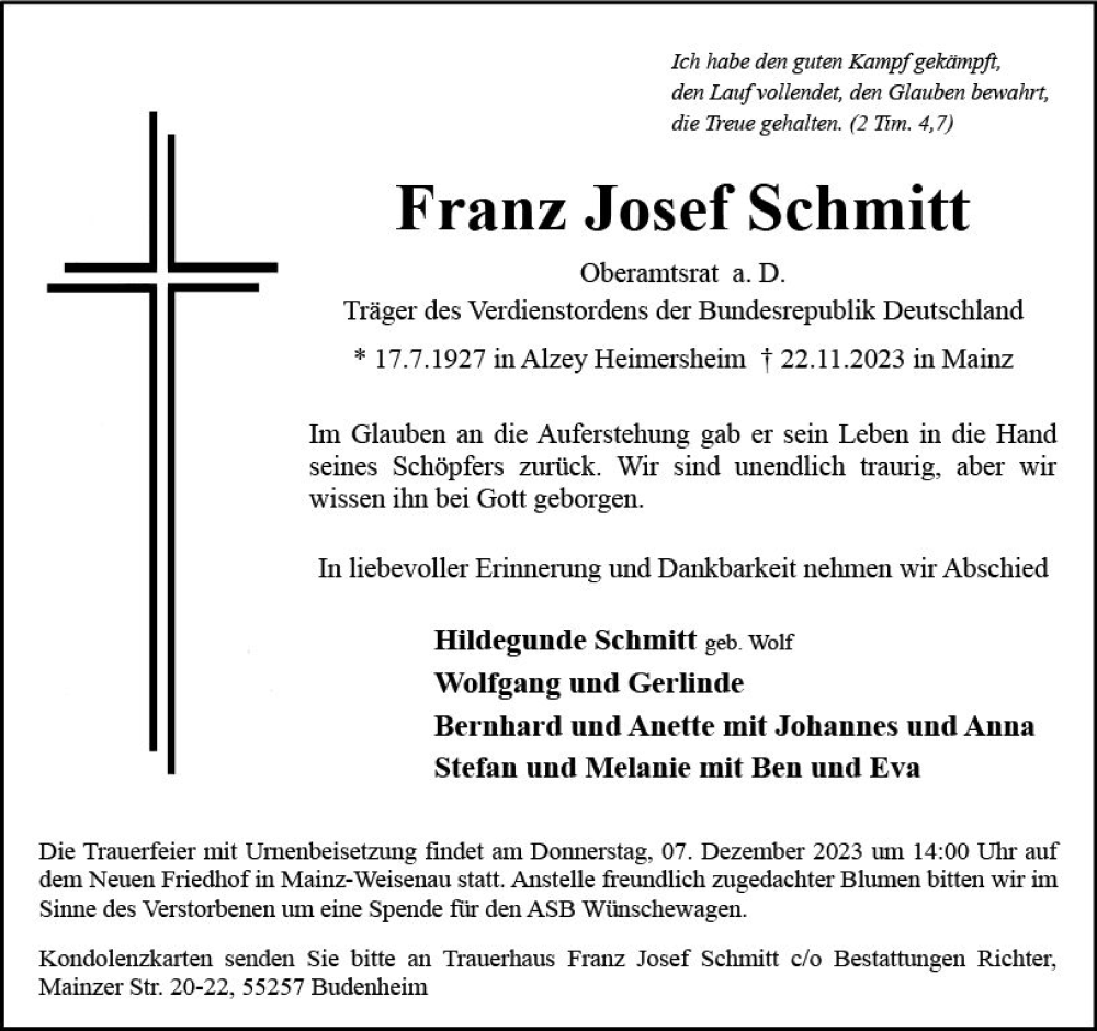  Traueranzeige für Franz Josef Schmitt vom 02.12.2023 aus Allgemeine Zeitung Mainz