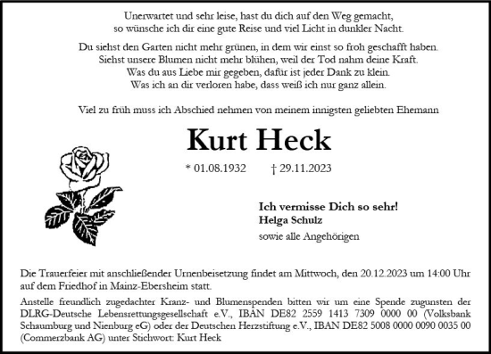 Traueranzeigen von Kurt Heck | www.vrm-trauer.de