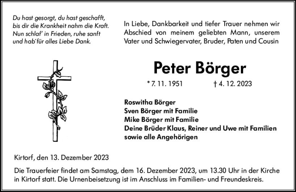  Traueranzeige für Peter Börger vom 13.12.2023 aus VRM Trauer