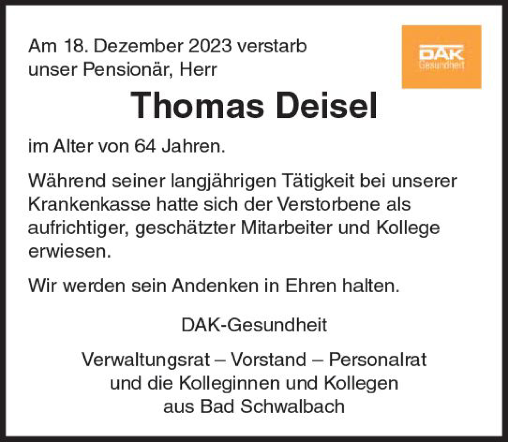  Traueranzeige für Thomas Deisel vom 23.12.2023 aus Idsteiner Land/Untertaunus