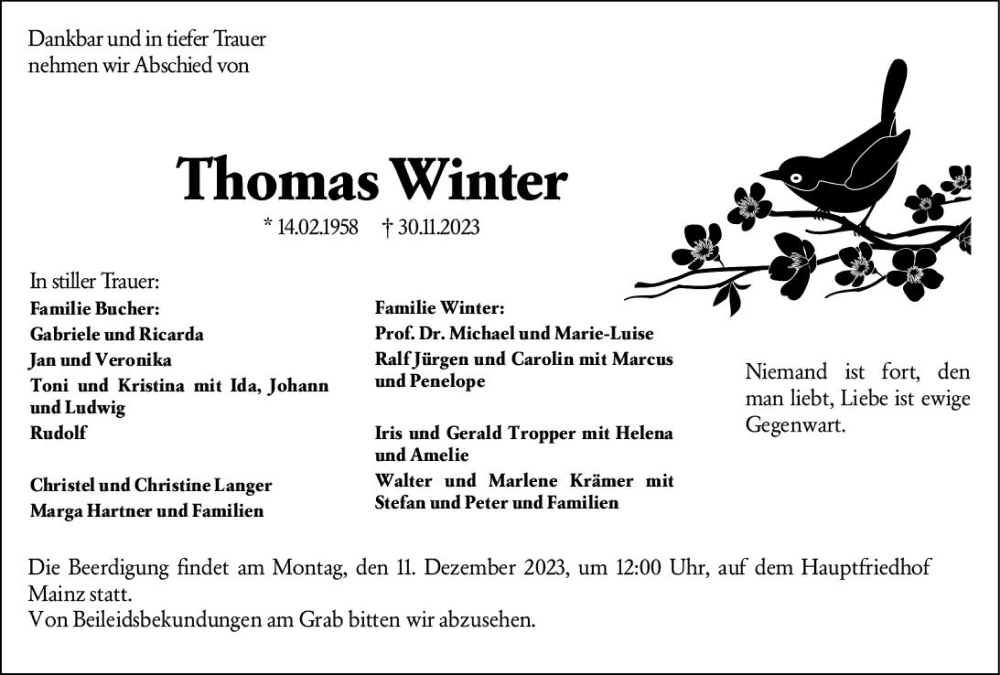  Traueranzeige für Thomas Winter vom 07.12.2023 aus Allgemeine Zeitung Mainz