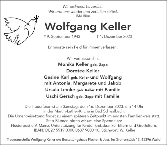 Traueranzeige von Wolfgang Keller von Wiesbadener Kurier