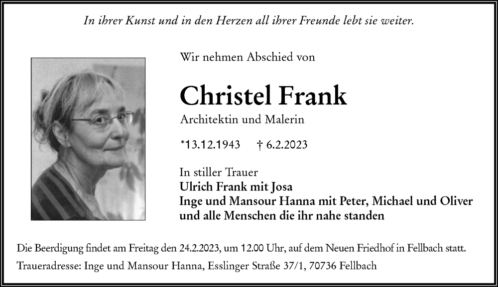  Traueranzeige für Christel Frank vom 18.02.2023 aus Darmstädter Echo