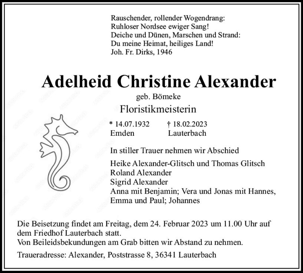 Traueranzeigen Von Adelheid Christine Alexander Vrm Trauer De