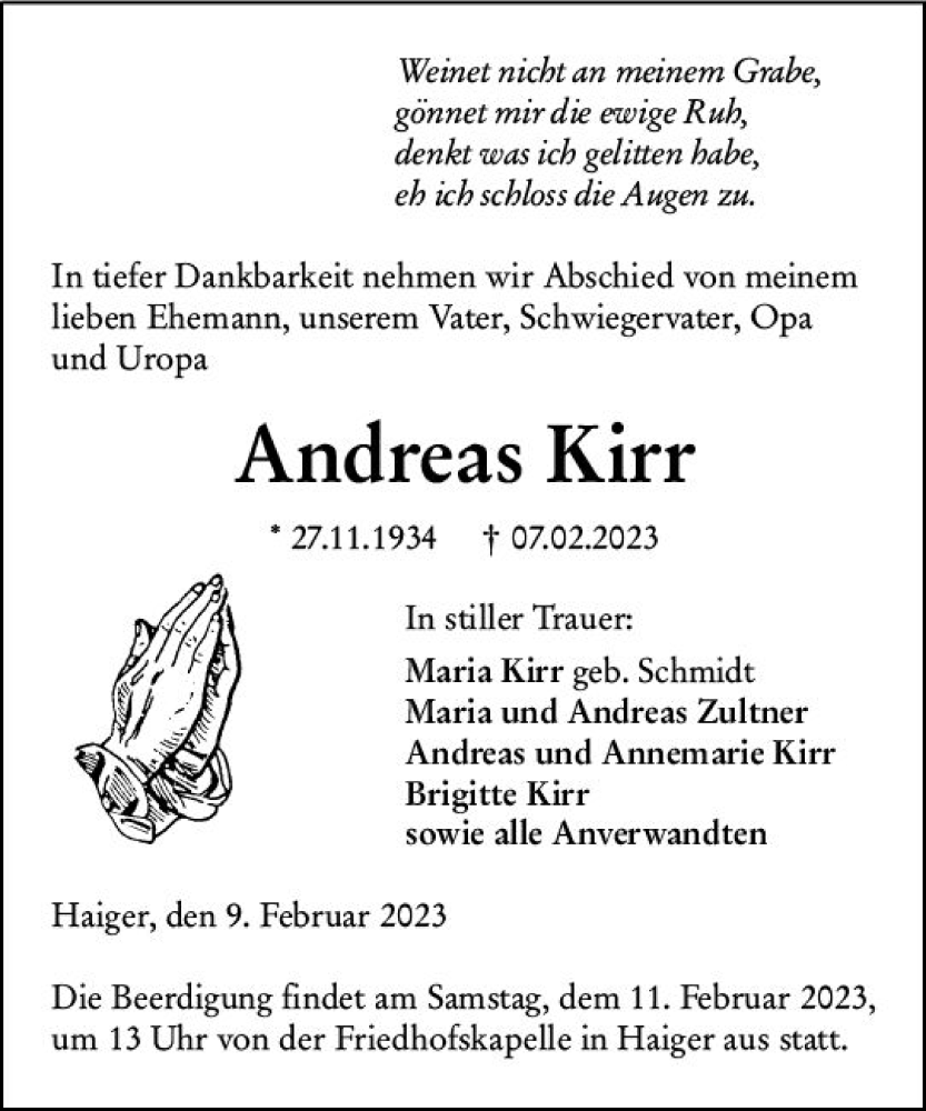  Traueranzeige für Andreas Kirr vom 09.02.2023 aus Dill Block