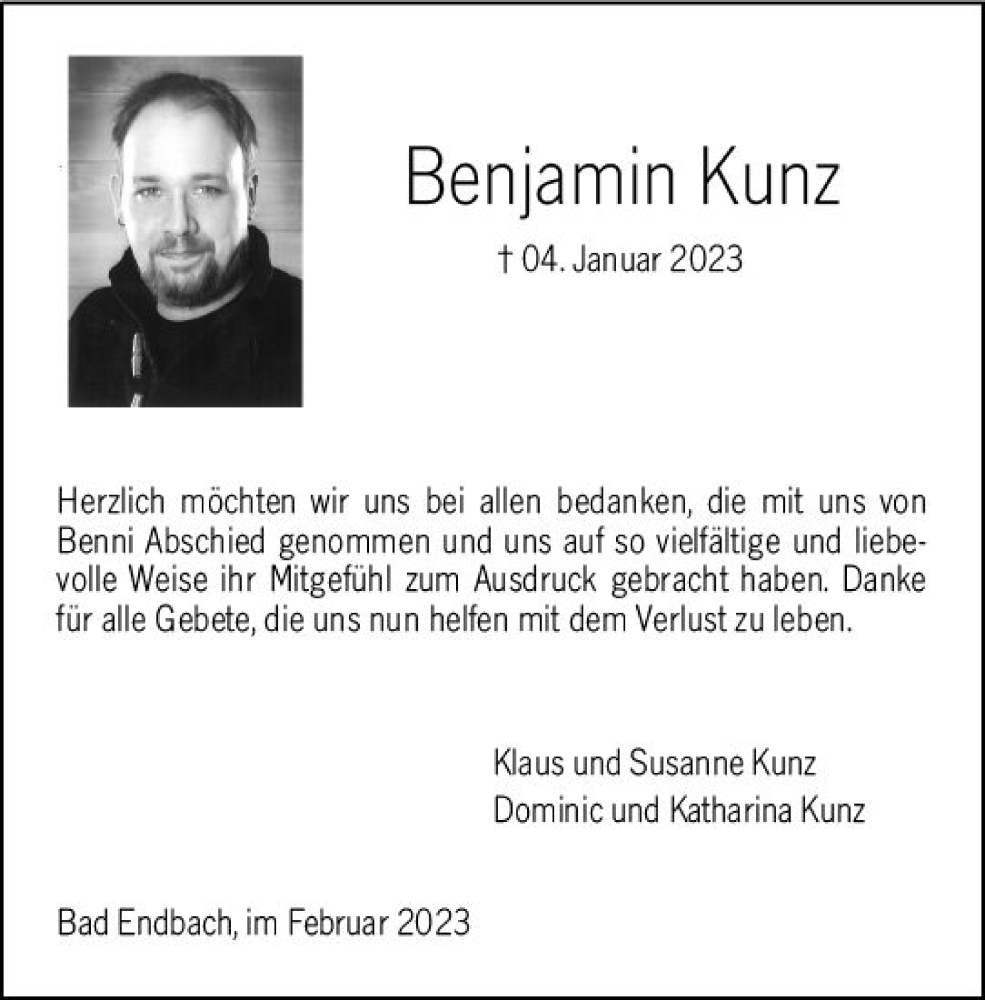 Traueranzeigen Von Benjamin Kunz Vrm Trauer De