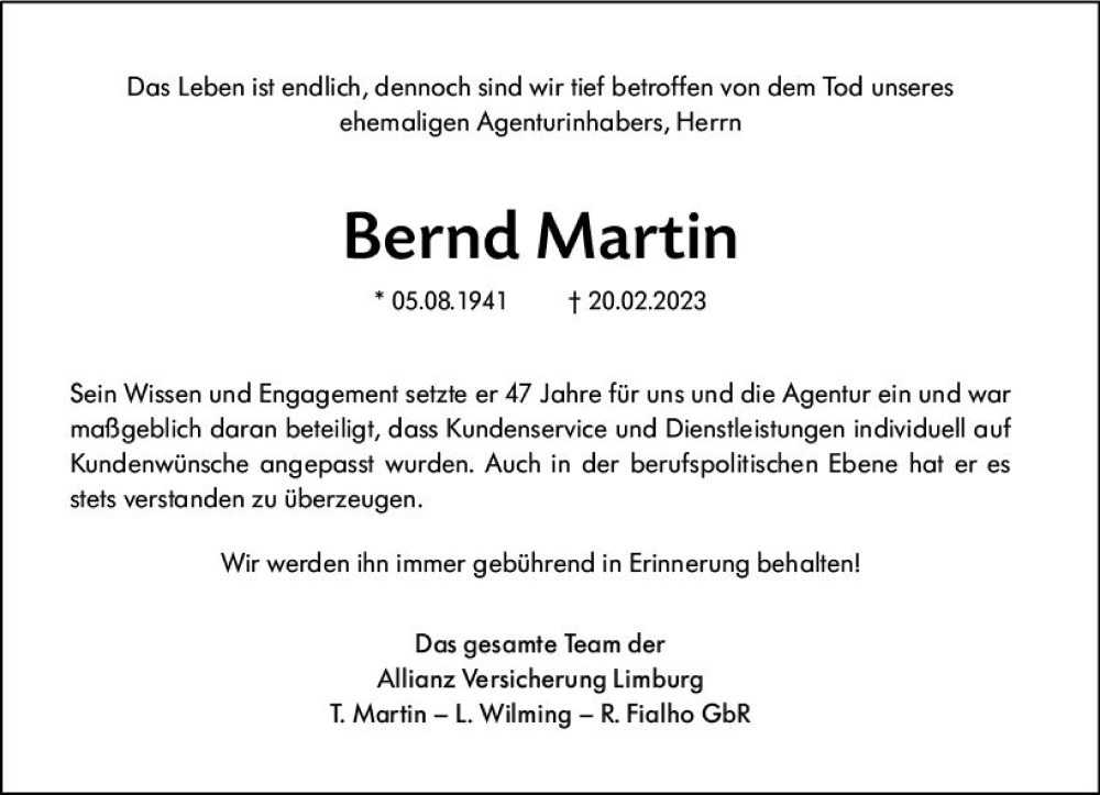  Traueranzeige für Bernd Martin vom 25.02.2023 aus Nassauische Neue Presse