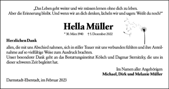 Traueranzeige von Hella Müller von Darmstädter Echo