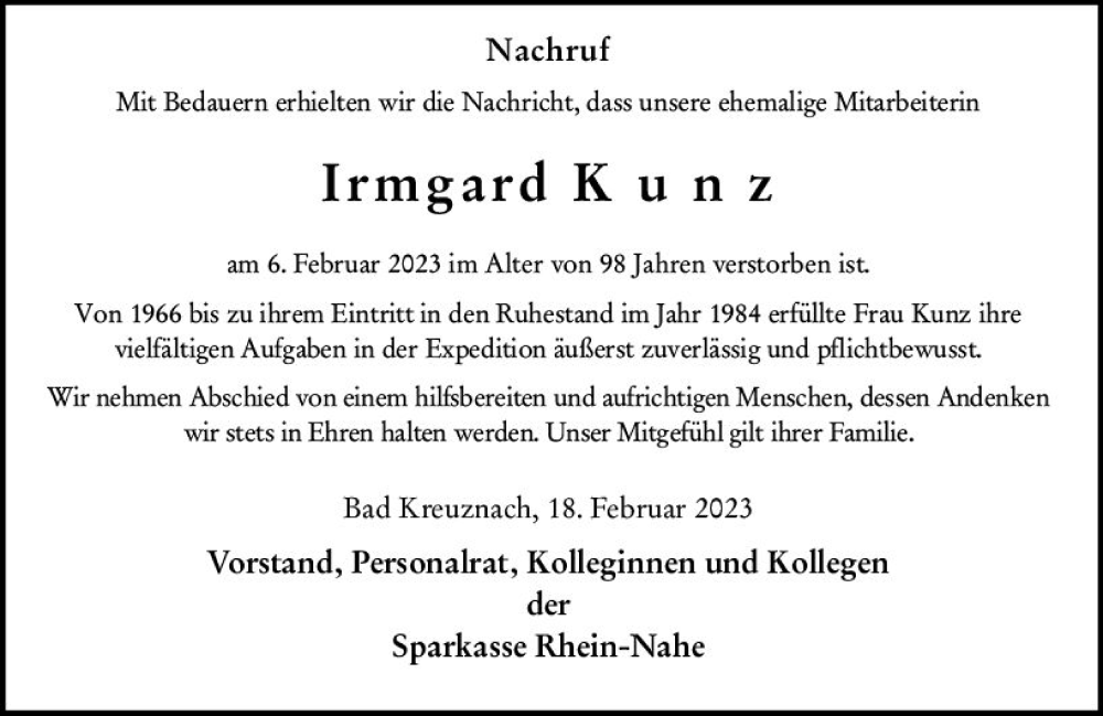 Traueranzeigen Von Irmgard Kunz Vrm Trauer De