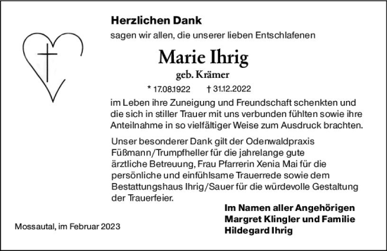 Traueranzeige von Marie Ihrig von Odenwälder Echo