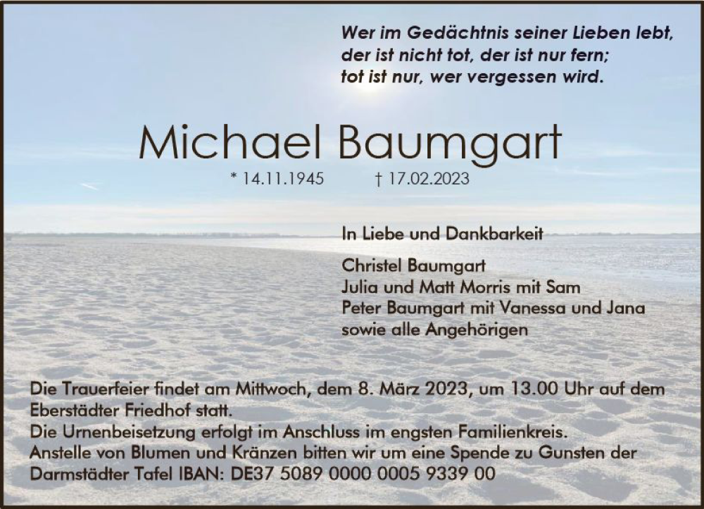  Traueranzeige für Michael Baumgart vom 25.02.2023 aus Darmstädter Echo