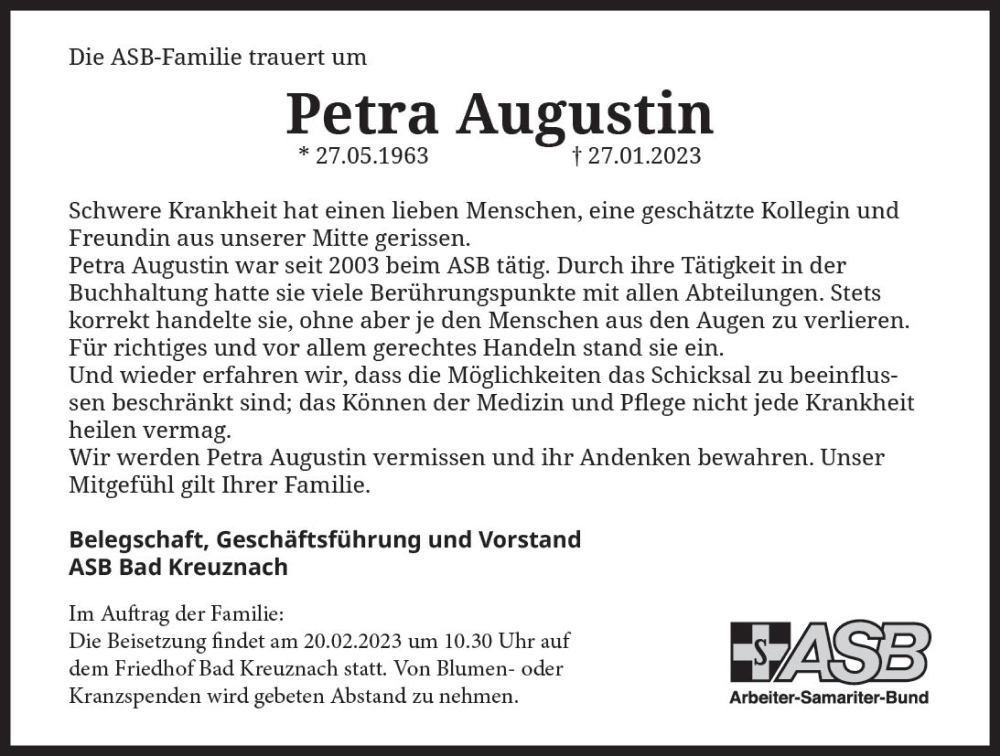  Traueranzeige für Petra Augustin vom 02.02.2023 aus Allgemeine Zeitung Bad Kreuznach