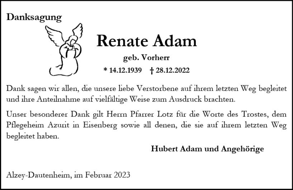 Traueranzeigen von Renate Adam www.vrmtrauer.de