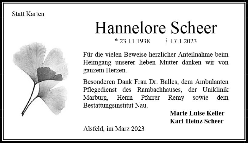 Traueranzeigen Von Hannelore Scheer Vrm Trauer De